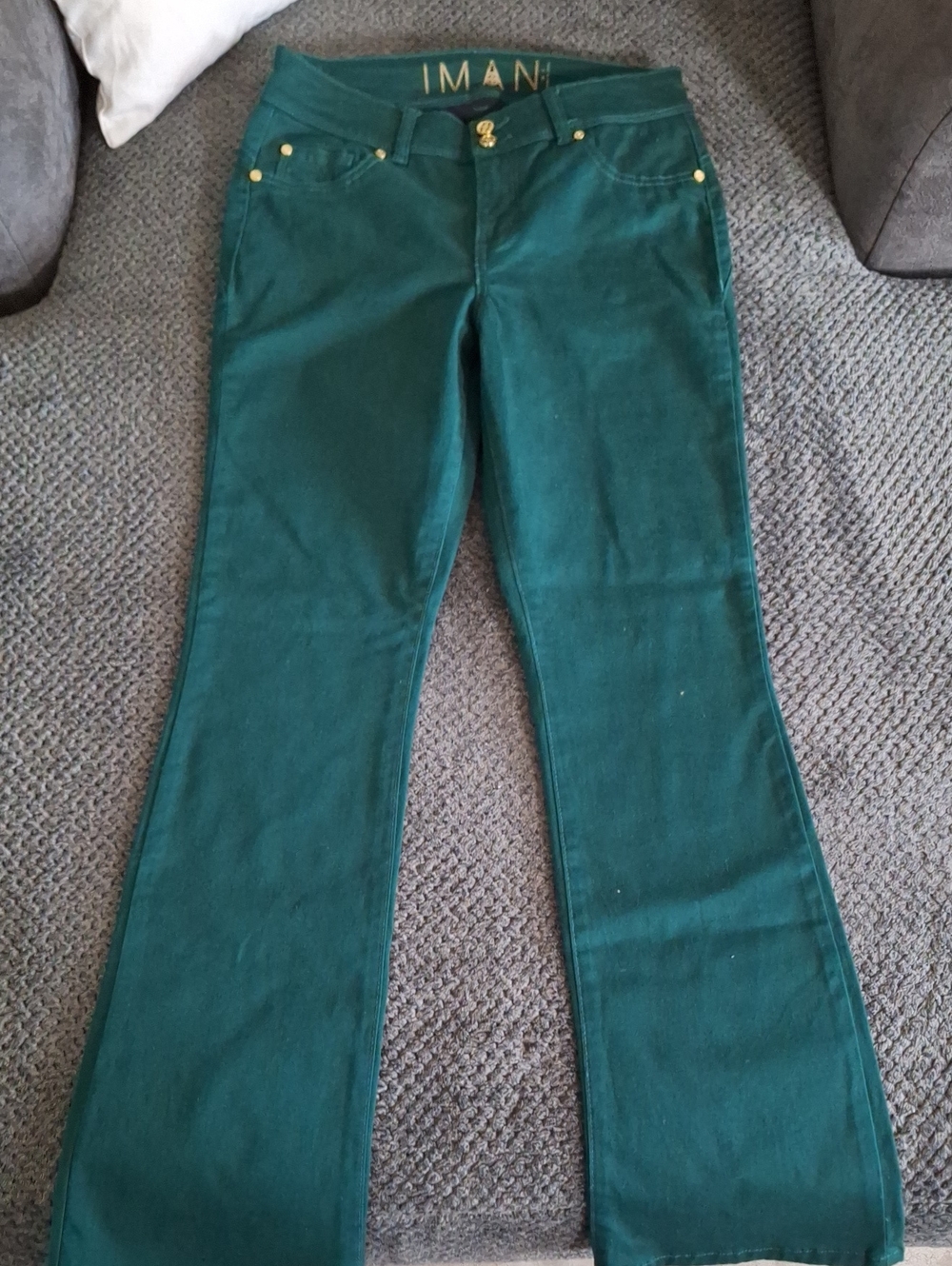 IMAN Teal Corduroy Flare Pants with Gold Hardware